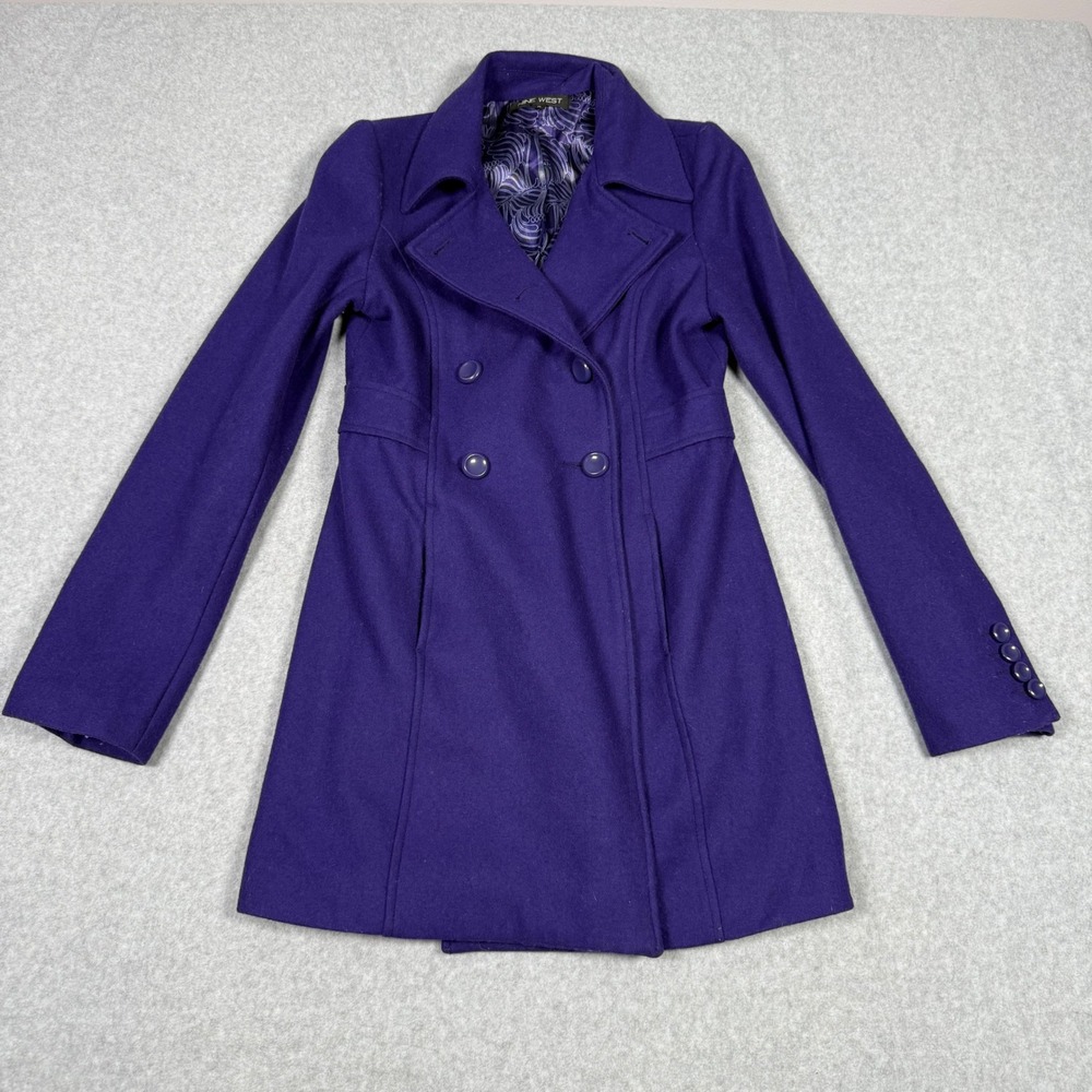 Nine West Womens Purple Wool Blend Double Breasted Pea Coat Jacket Size S